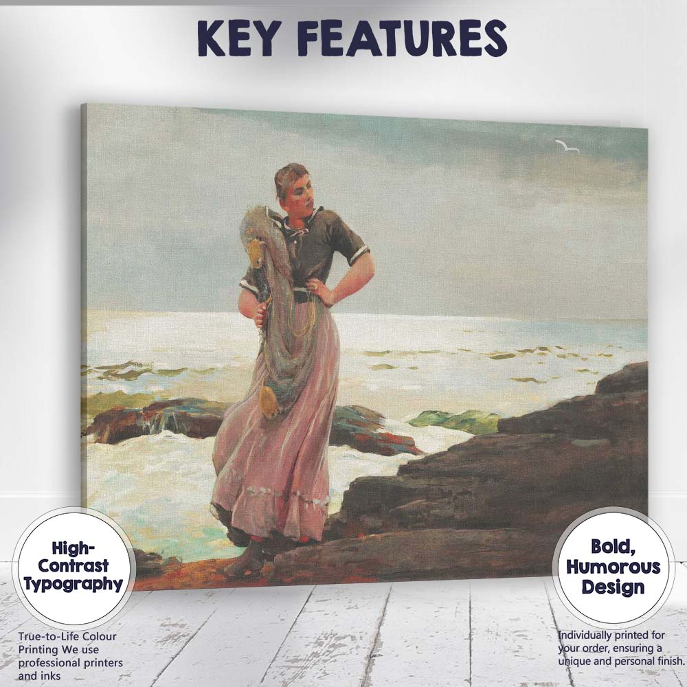 Seaside Fisherwoman Coastal Rocks Maritime Figure Painting Canvas Wall Art Print Decor Picture Ready to Hang