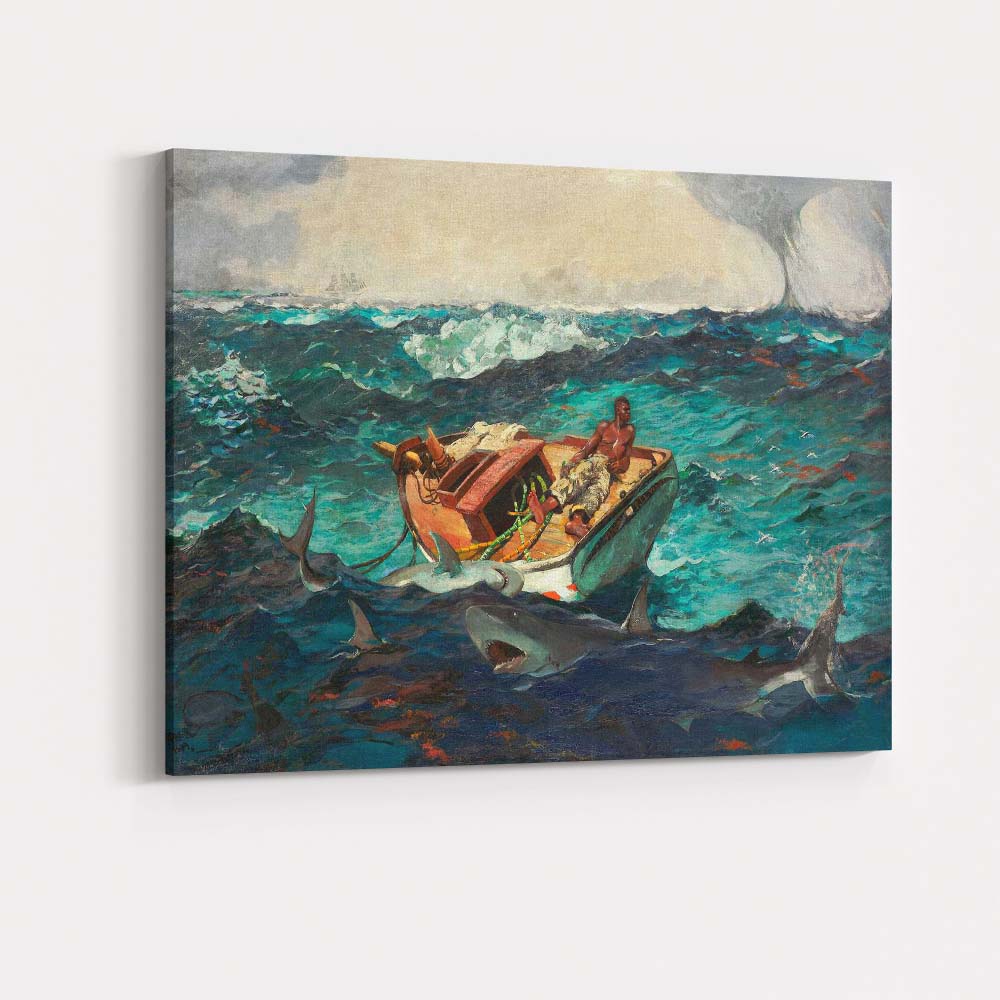 Dramatic Ocean Survival Boat and Sharks Maritime Seascape Oil Painting Canvas Wall Art Print Decor Picture Ready to Hang