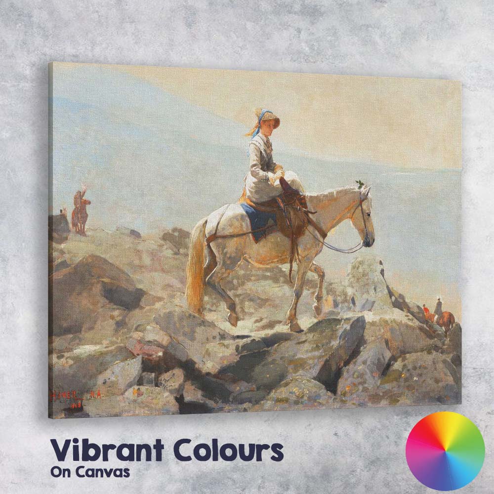 Lady Riding White Horse Along Rocky Coastal Shore Painting Canvas Wall Art Print Decor Picture Ready to Hang