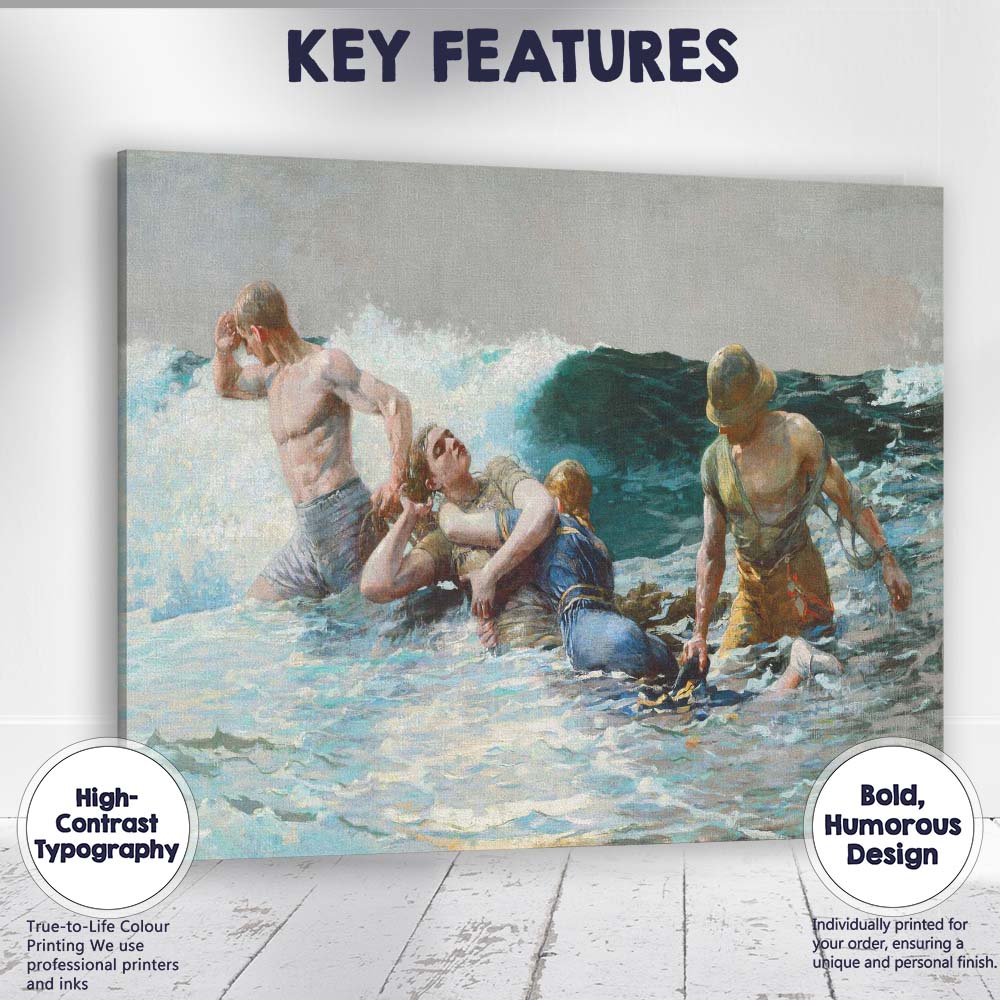 Dramatic Sea Rescue In Breaking Waves Coastal Figure Painting Canvas Wall Art Print Decor Picture Ready to Hang