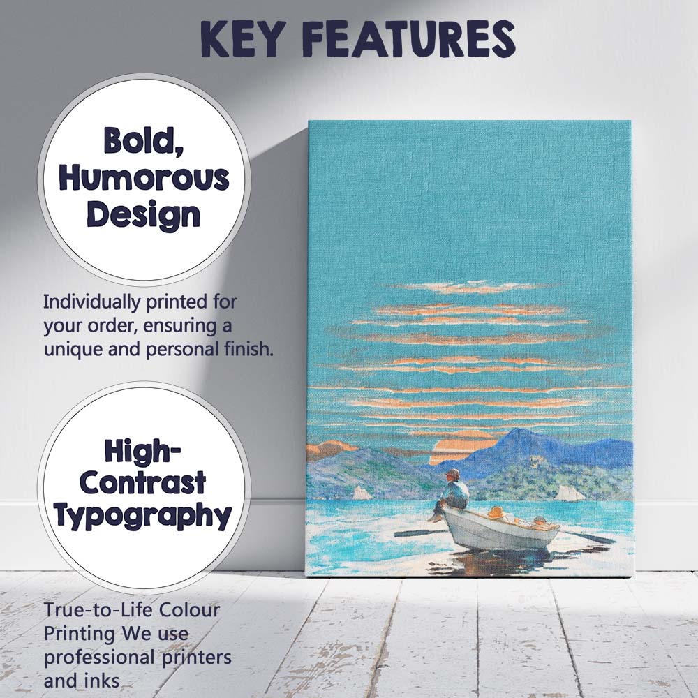 Turquoise Coastal Bay Rowboat Sunset Illustration Canvas Wall Art Print Decor Picture Ready to Hang