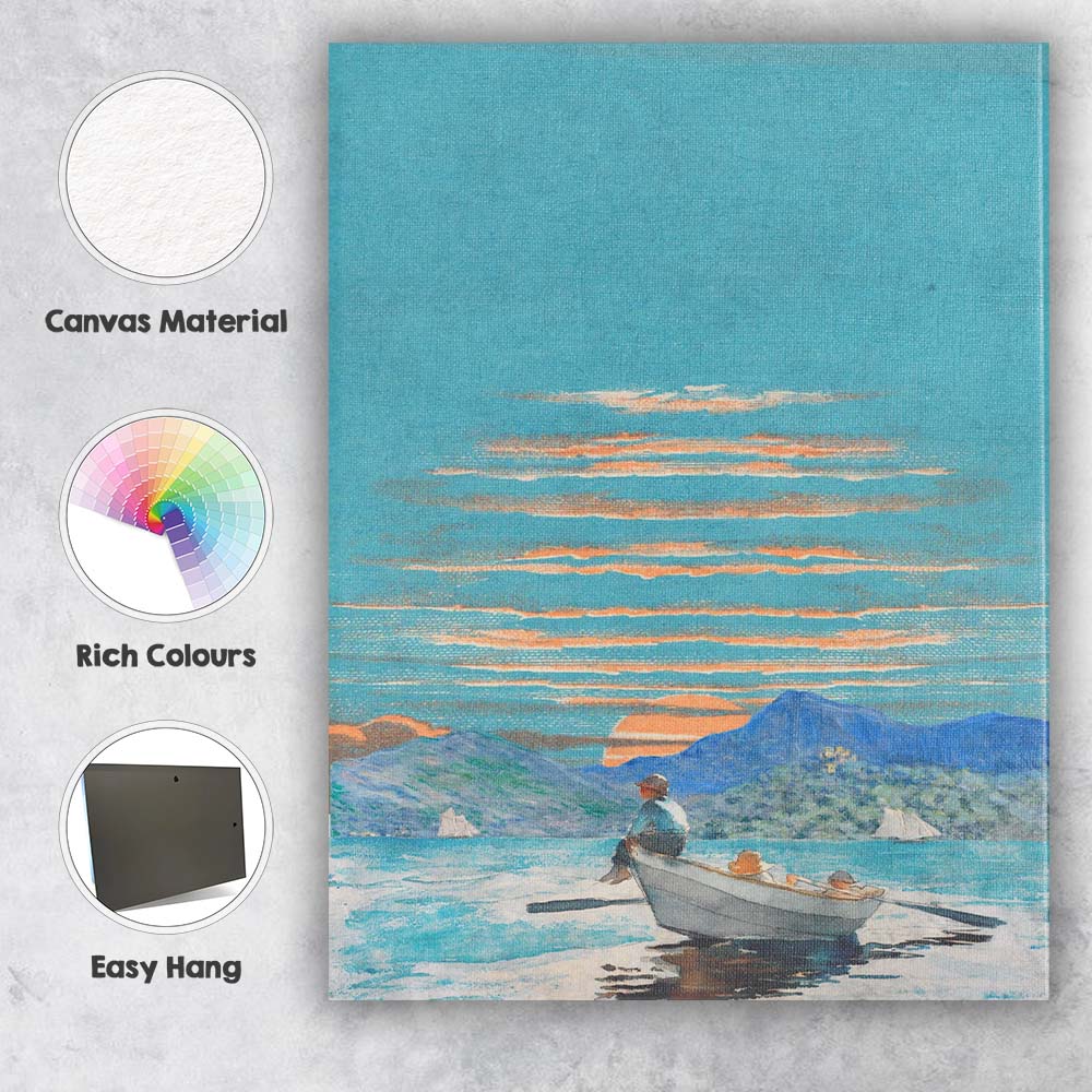 Turquoise Coastal Bay Rowboat Sunset Illustration Canvas Wall Art Print Decor Picture Ready to Hang