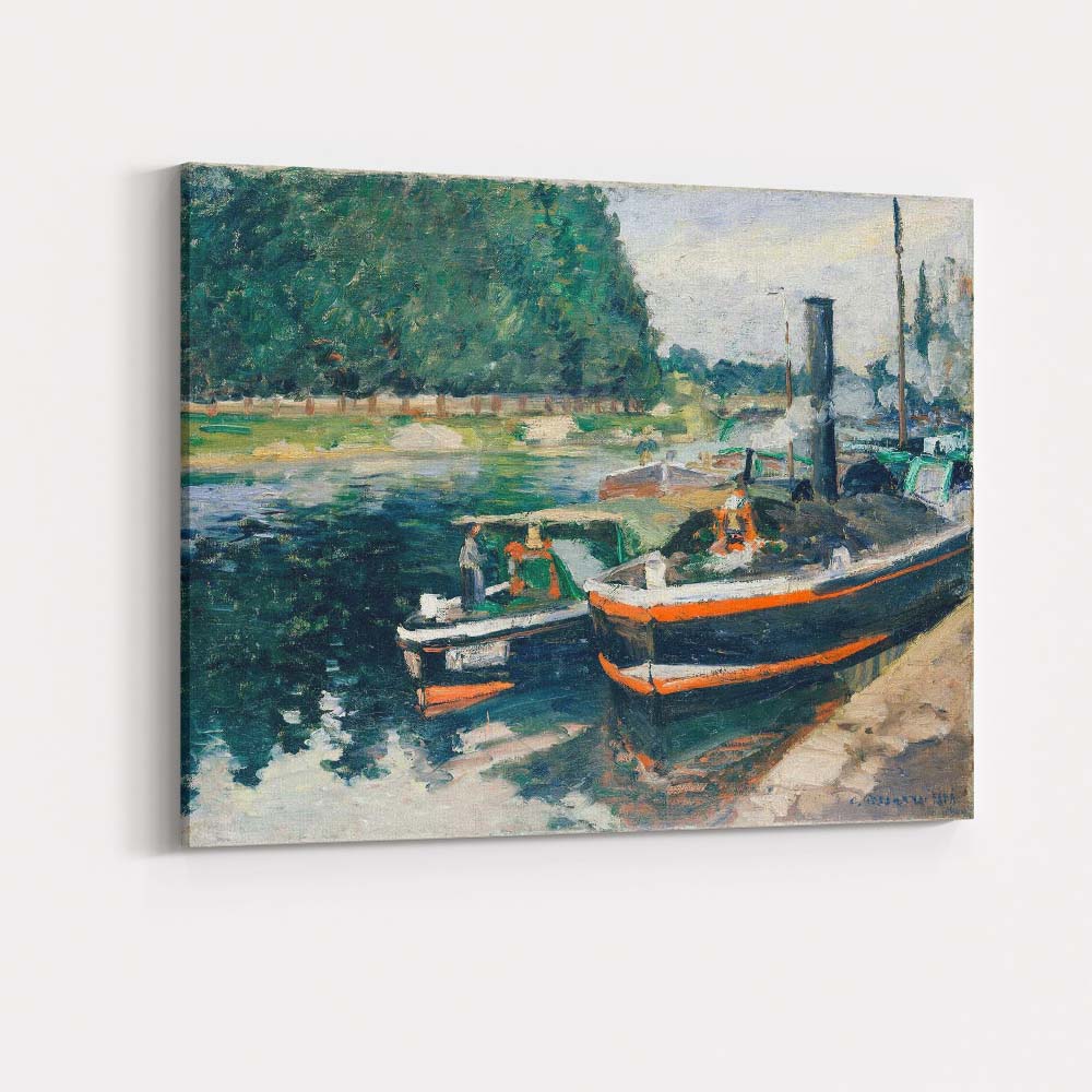 French Canal Boats Waterside Impressionist Landscape Canvas Wall Art Print Decor Picture Ready to Hang
