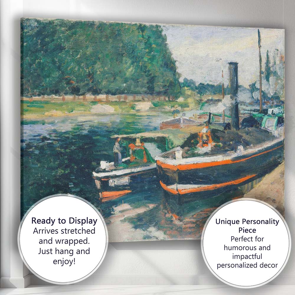 French Canal Boats Waterside Impressionist Landscape Canvas Wall Art Print Decor Picture Ready to Hang