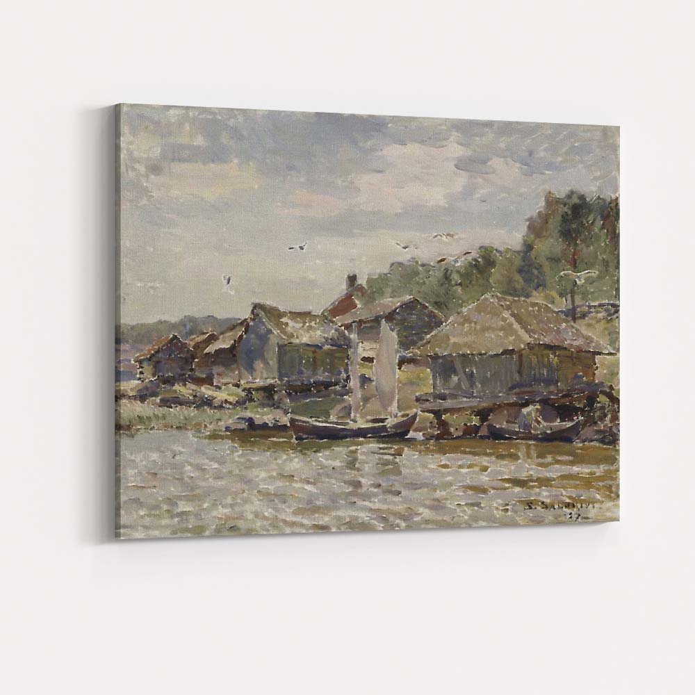 Riverside Fishing Village Waterside Boats Impressionist Coastal Scene Canvas Wall Art Print Decor Picture Ready to Hang