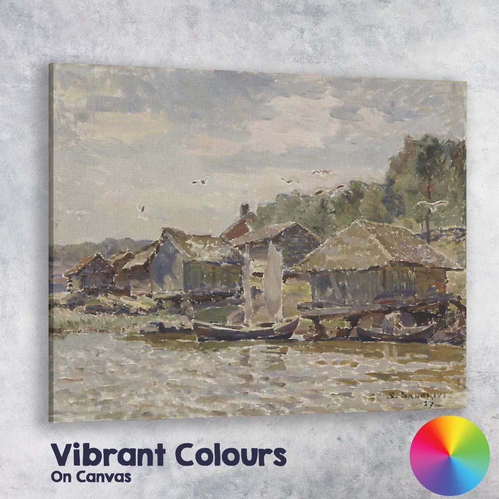 Riverside Fishing Village Waterside Boats Impressionist Coastal Scene Canvas Wall Art Print Decor Picture Ready to Hang