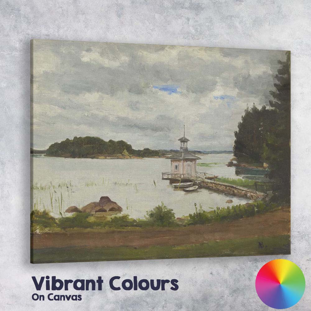 Soft Grey Cloudy Lake Pavilion Waterside Scenic Landscape Painting Canvas Wall Art Print Decor Picture Ready to Hang