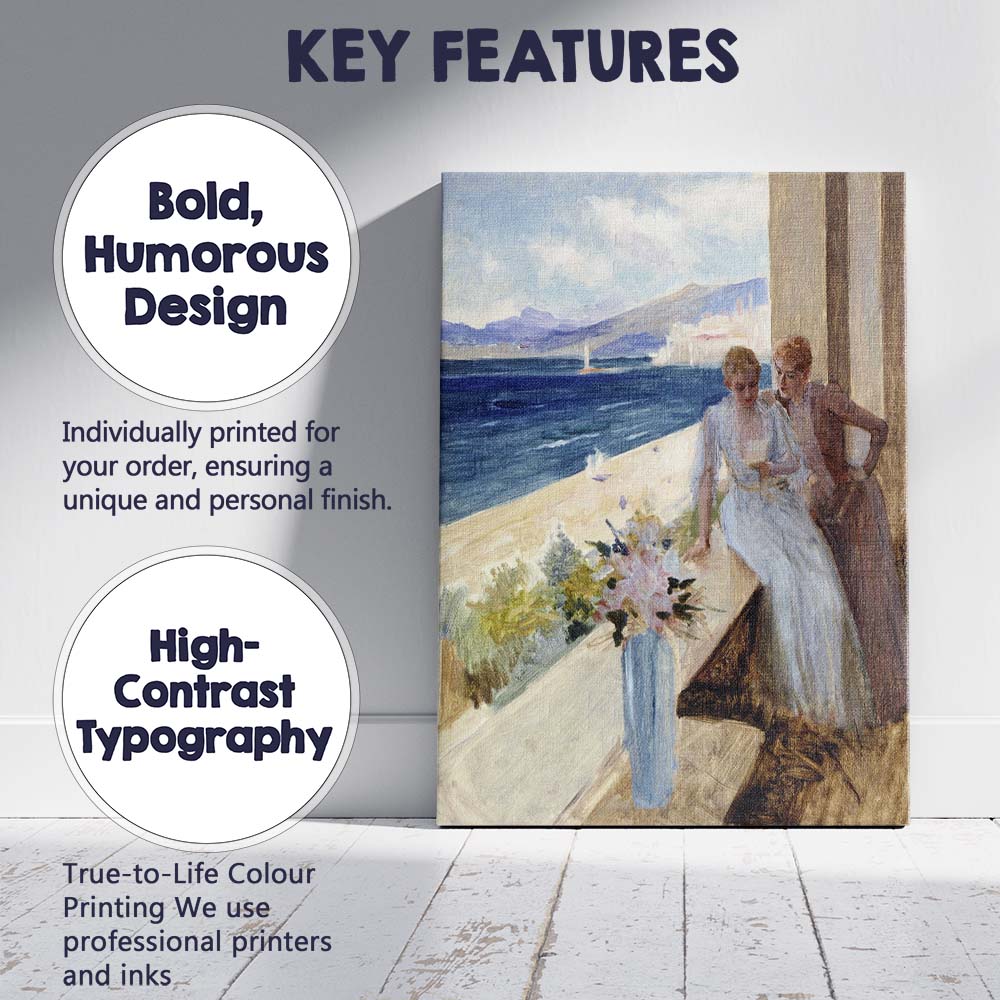 Elegant Seaside Terrace Ladies Overlooking Coastal View Painting Canvas Wall Art Print Decor Picture Ready to Hang