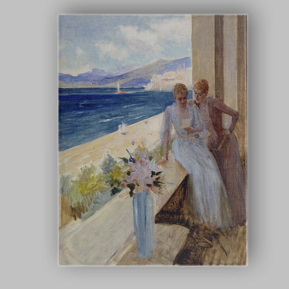 Elegant Seaside Terrace Ladies Overlooking Coastal View Painting Canvas Wall Art Print Decor Picture Ready to Hang