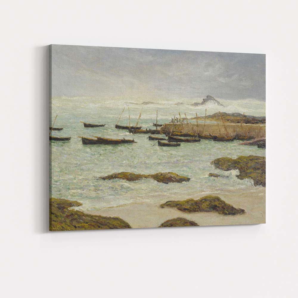 Stormy Fishing Harbour Coastal Seascape With Boats And Waves Canvas Wall Art Print Decor Picture Ready to Hang