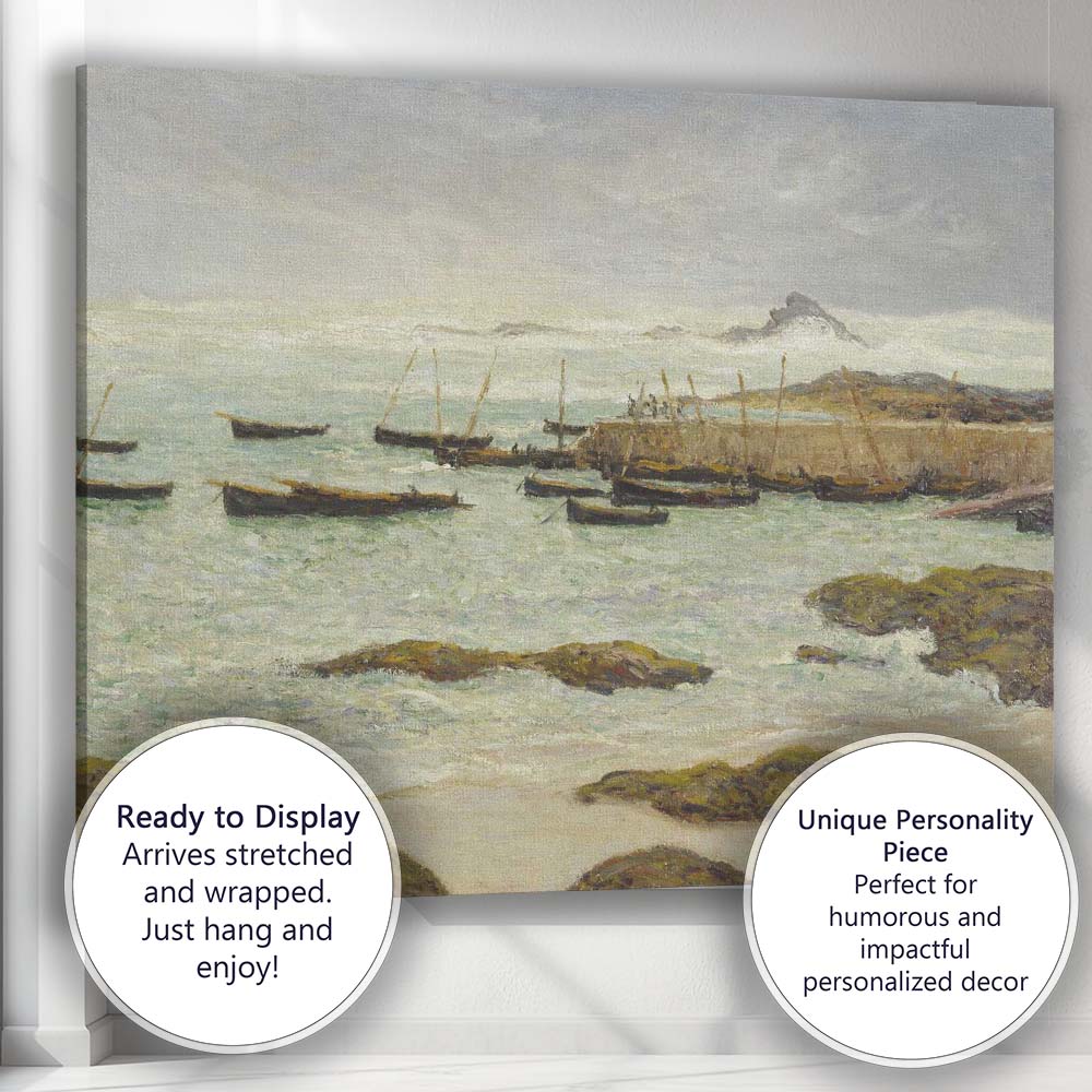 Stormy Fishing Harbour Coastal Seascape With Boats And Waves Canvas Wall Art Print Decor Picture Ready to Hang