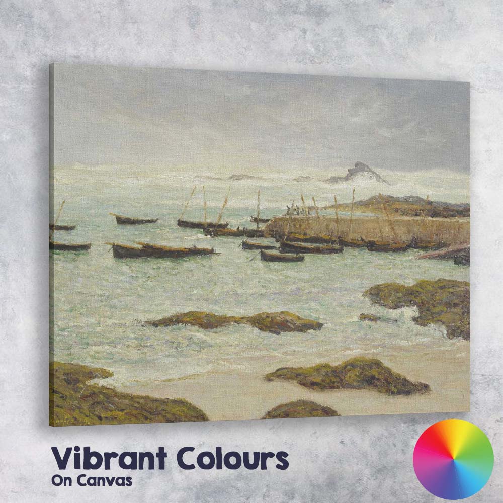 Stormy Fishing Harbour Coastal Seascape With Boats And Waves Canvas Wall Art Print Decor Picture Ready to Hang