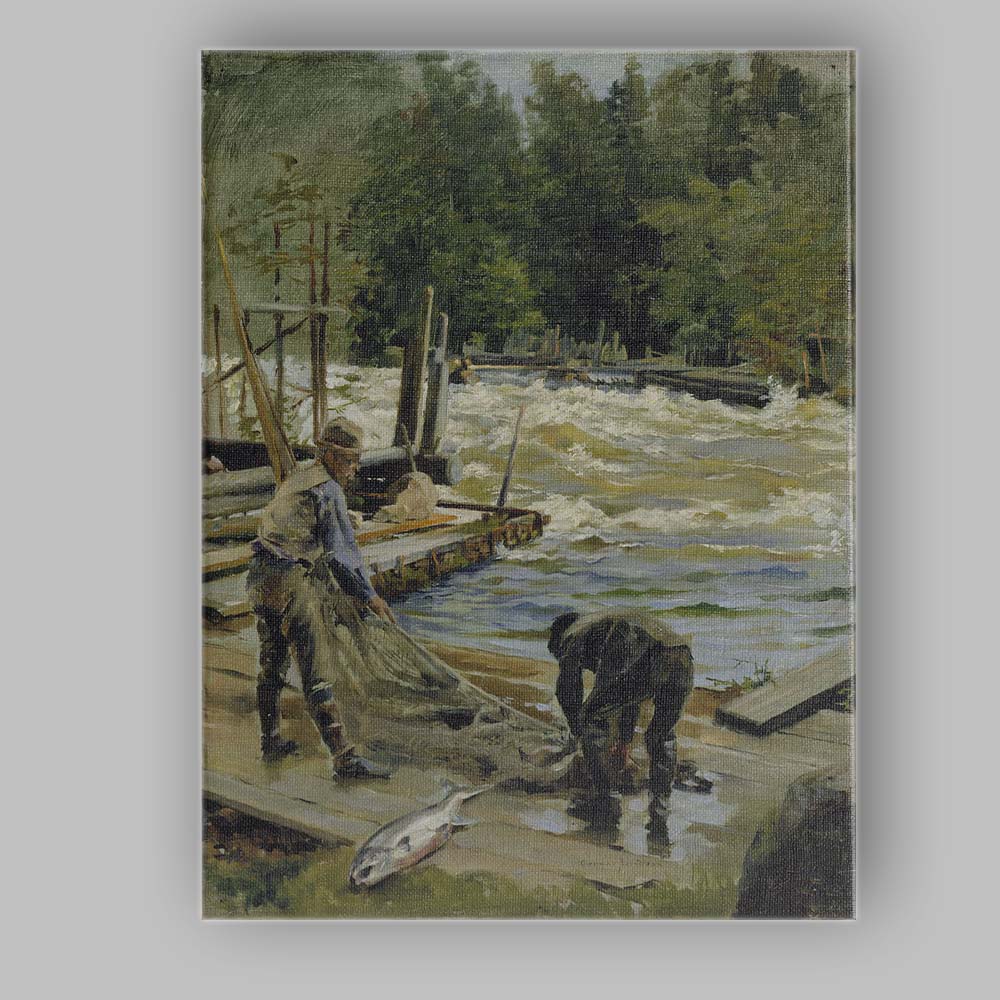 Riverside Fishermen Landing Catch Woodland Waterway Scene Canvas Wall Art Print Decor Picture Ready to Hang