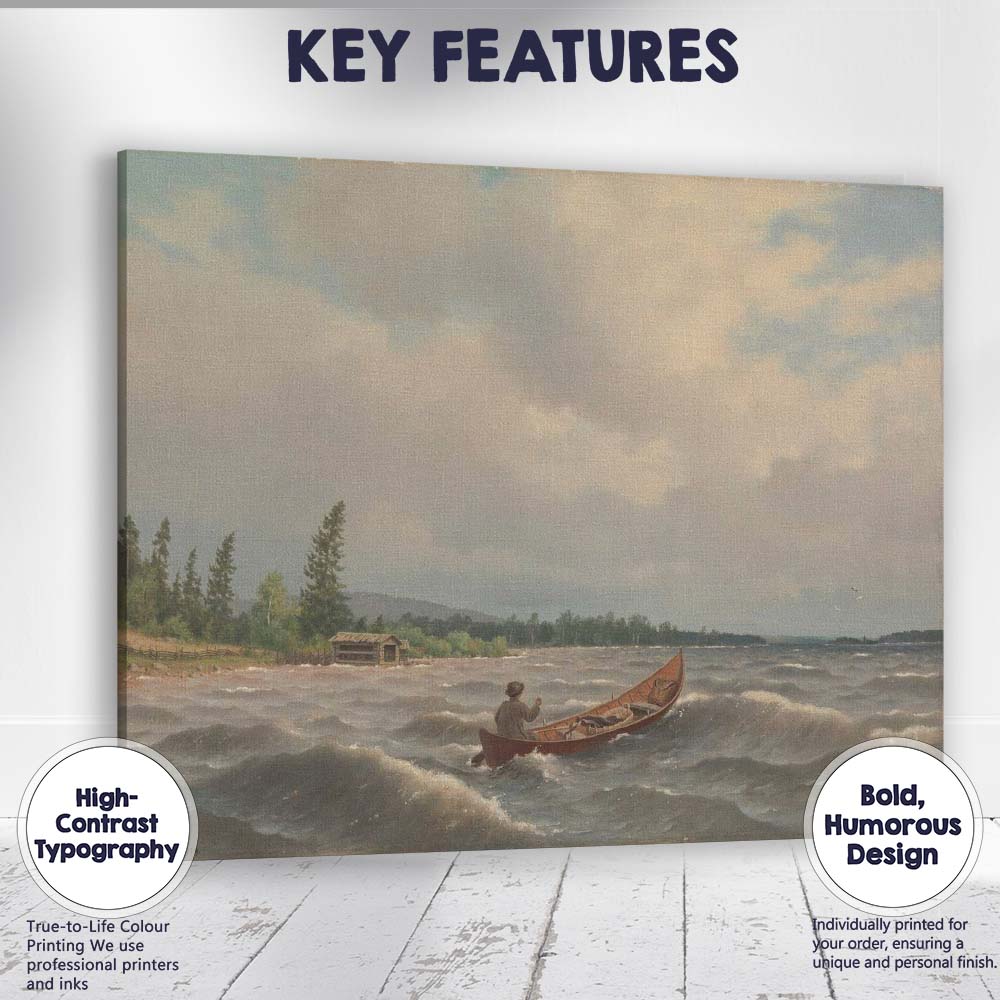 Windy Lake Crossing Canoe And Rustic Shoreline Landscape Canvas Wall Art Print Decor Picture Ready to Hang