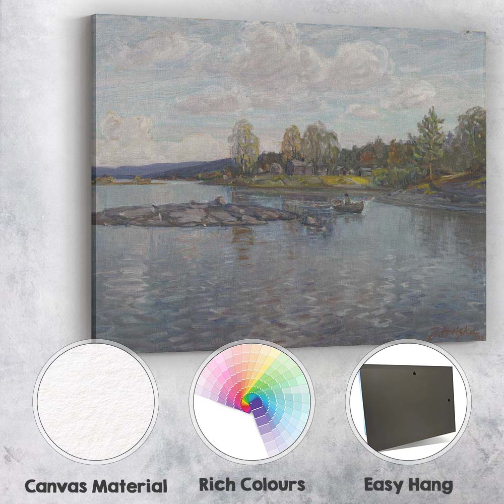 Scandinavian Lakeside Village Reflections Impressionist Waterscape Canvas Wall Art Print Decor Picture Ready to Hang