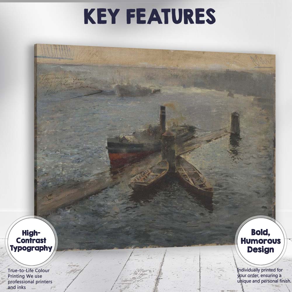 Impressionist Harbour Steamship Reflections Waterside Marine Painting Canvas Wall Art Print Decor Picture Ready to Hang