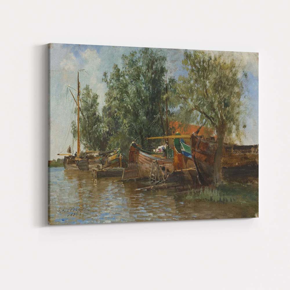 Rustic Riverside Fishing Boats Waterside Village Landscape Painting Canvas Wall Art Print Decor Picture Ready to Hang