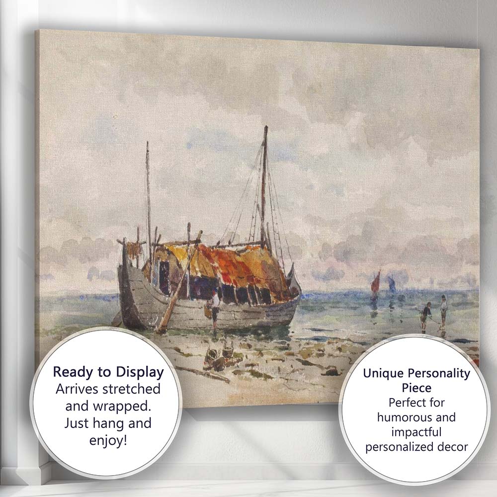 Coastal Fishing Boat Sandy Shore Watercolour Seascape Painting Canvas Wall Art Print Decor Picture Ready to Hang