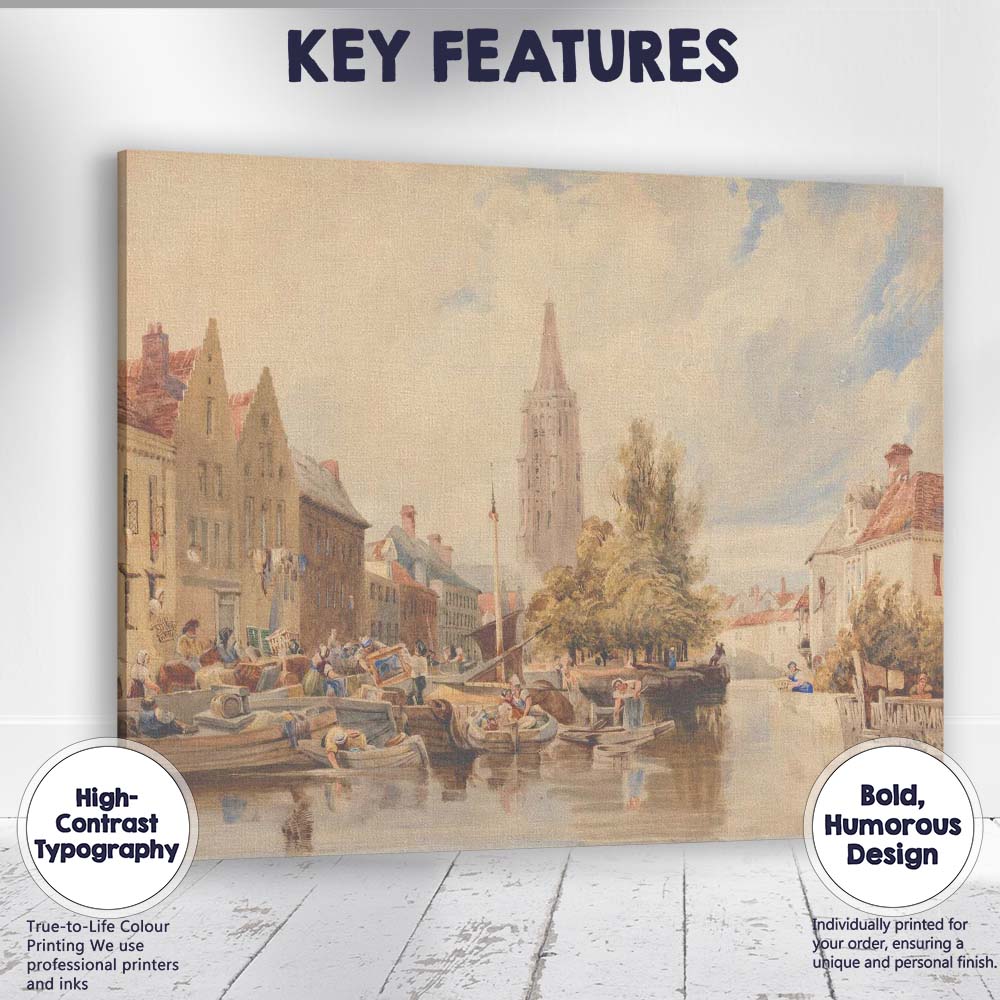 Historic Canal Town Waterside Market Scene Watercolour Painting Canvas Wall Art Print Decor Picture Ready to Hang