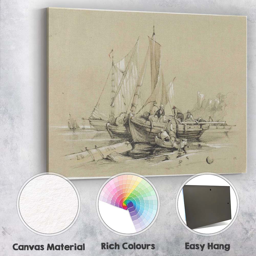 Traditional Fishing Boats Harbour Sketch Maritime Artwork Canvas Wall Art Print Decor Picture Ready to Hang
