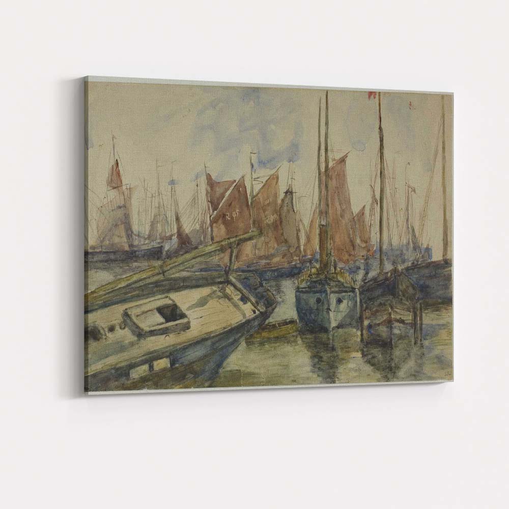 Busy Marina Red Sailed Fishing Boats Watercolour Canvas Wall Art Print Decor Picture Ready to Hang