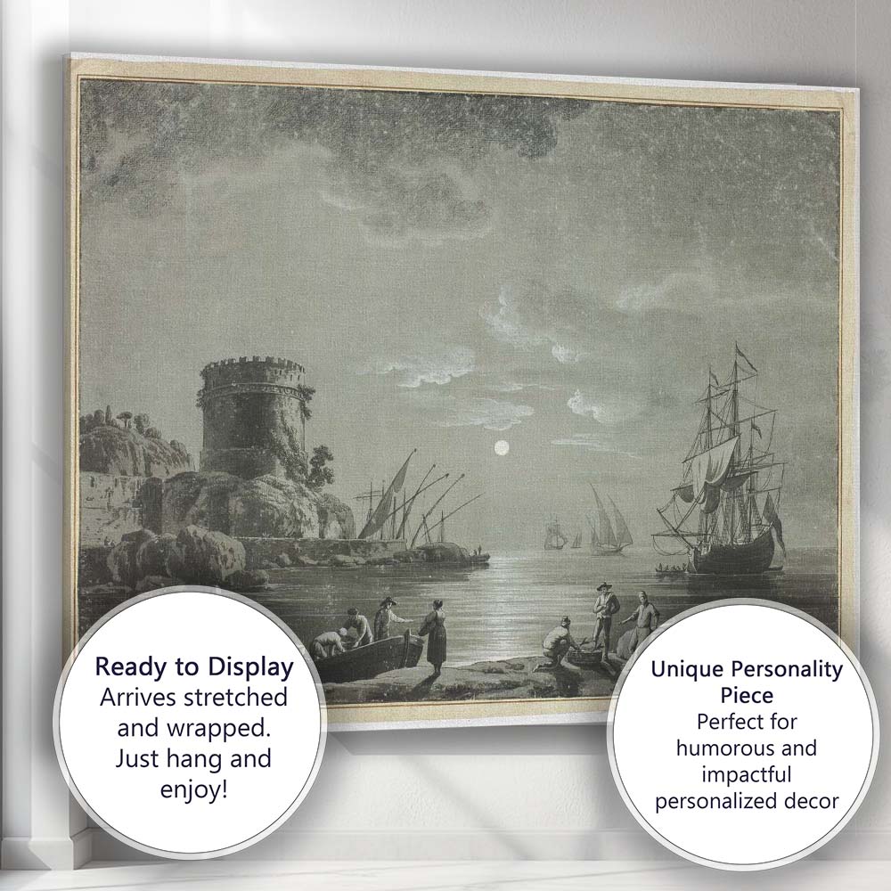 Moonlit Harbour Fortress Sailing Ships Coastal Landscape Canvas Wall Art Print Decor Picture Ready to Hang