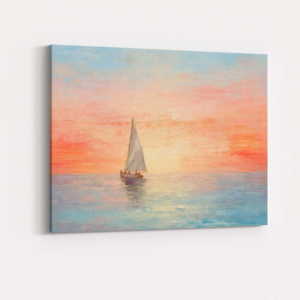 Pastel Sunset Lone Sailboat Calm Sea Seascape Painting Canvas Wall Art Print Decor Picture Ready to Hang