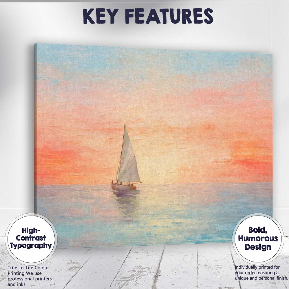 Pastel Sunset Lone Sailboat Calm Sea Seascape Painting Canvas Wall Art Print Decor Picture Ready to Hang