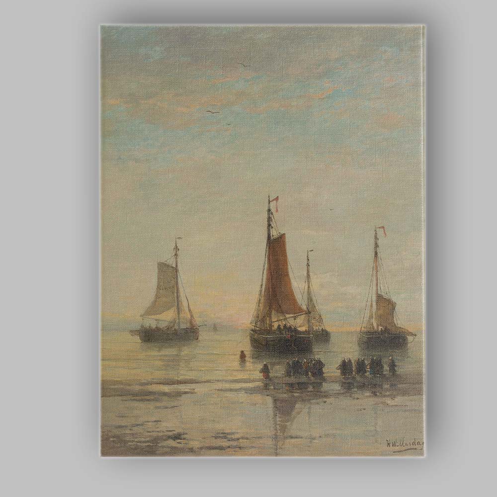 Dutch Fishing Boats Shore Gathering Coastal Sunset Painting Canvas Wall Art Print Decor Picture Ready to Hang