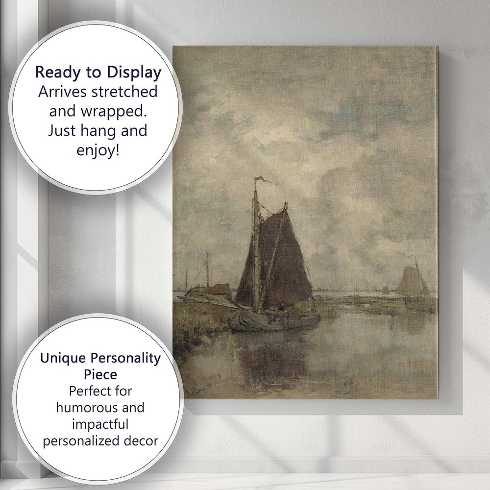 Muted Coastal Sailing Barge Marshland Waterway Painting Canvas Wall Art Print Decor Picture Ready to Hang