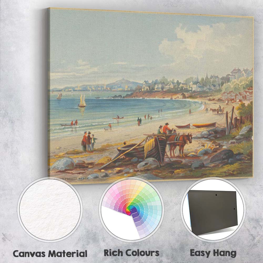 Sunny Coastal Beach Village Seaside Landscape Illustration Canvas Wall Art Print Decor Picture Ready to Hang