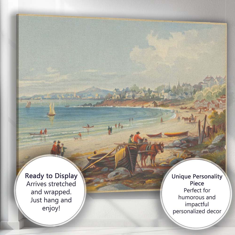 Sunny Coastal Beach Village Seaside Landscape Illustration Canvas Wall Art Print Decor Picture Ready to Hang