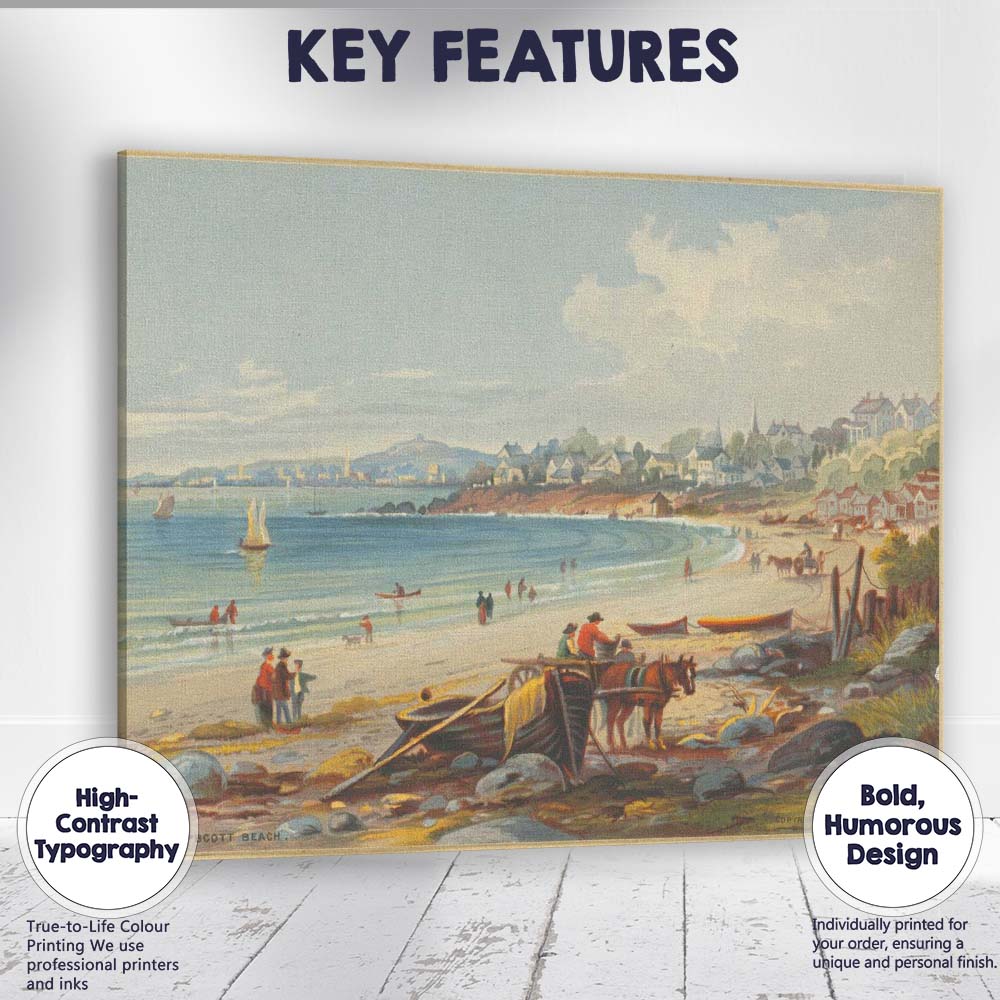 Sunny Coastal Beach Village Seaside Landscape Illustration Canvas Wall Art Print Decor Picture Ready to Hang