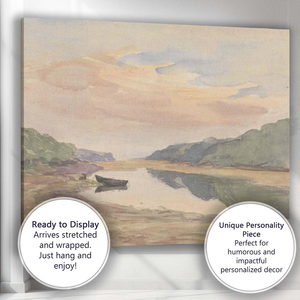 Pastel River Estuary Lone Boat Watercolour Landscape Canvas Wall Art Print Decor Picture Ready to Hang