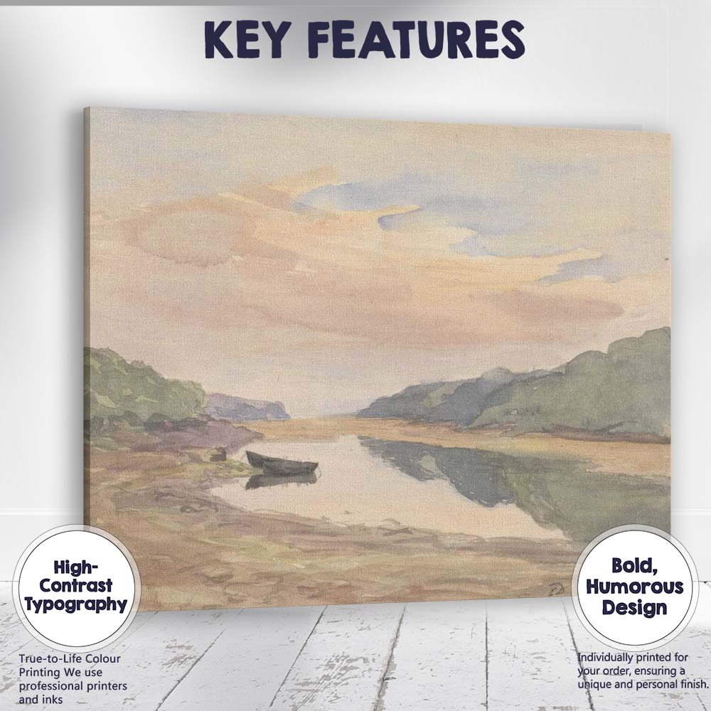 Pastel River Estuary Lone Boat Watercolour Landscape Canvas Wall Art Print Decor Picture Ready to Hang