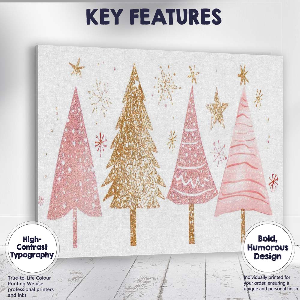 Pink and Gold Christmas Trees Festive Watercolour Illustration Canvas Wall Art Print Decor Picture Ready to Hang