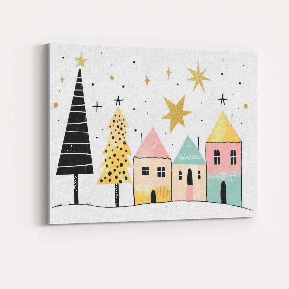 Scandinavian Christmas Village with Stylised Trees Festive Illustration Canvas Wall Art Print Decor Picture Ready to Hang