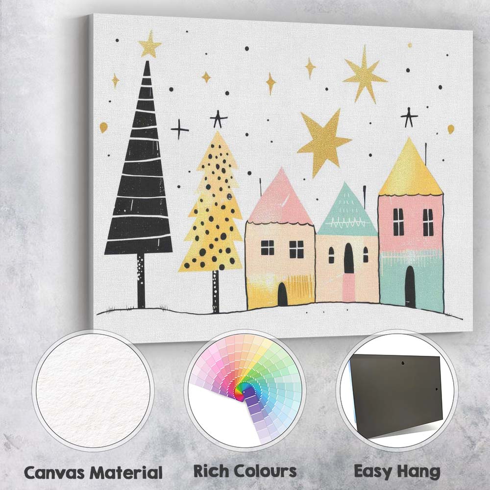 Scandinavian Christmas Village with Stylised Trees Festive Illustration Canvas Wall Art Print Decor Picture Ready to Hang