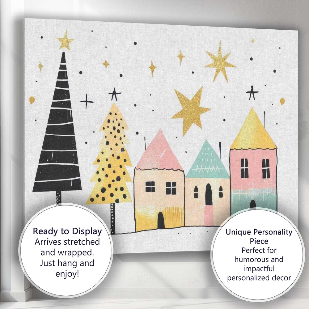 Scandinavian Christmas Village with Stylised Trees Festive Illustration Canvas Wall Art Print Decor Picture Ready to Hang