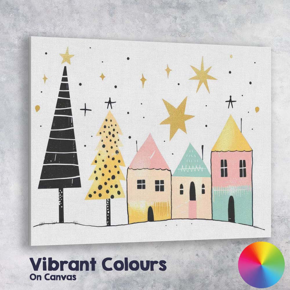 Scandinavian Christmas Village with Stylised Trees Festive Illustration Canvas Wall Art Print Decor Picture Ready to Hang