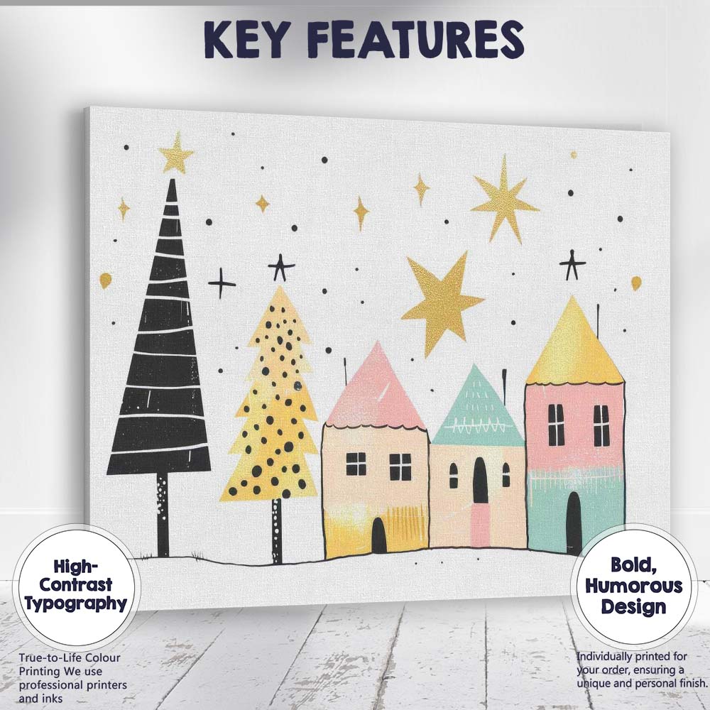 Scandinavian Christmas Village with Stylised Trees Festive Illustration Canvas Wall Art Print Decor Picture Ready to Hang