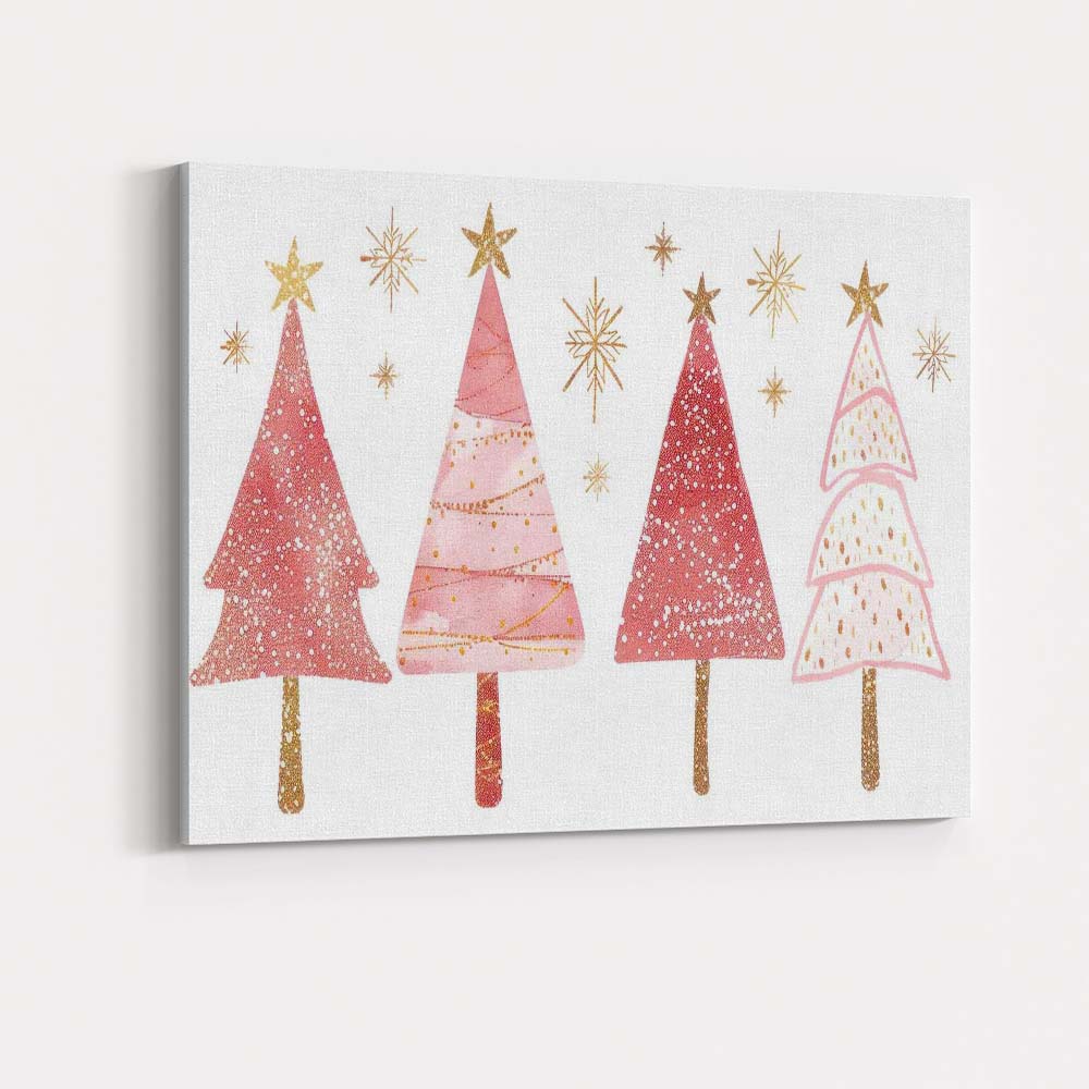 Pink and Gold Christmas Tree Collection Festive Watercolour Illustration Canvas Wall Art Print Decor Picture Ready to Hang