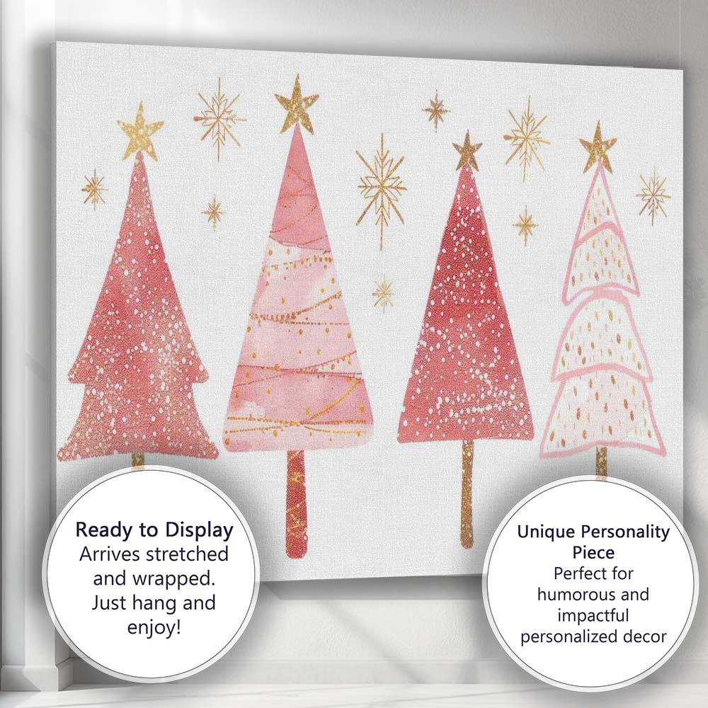 Pink and Gold Christmas Tree Collection Festive Watercolour Illustration Canvas Wall Art Print Decor Picture Ready to Hang