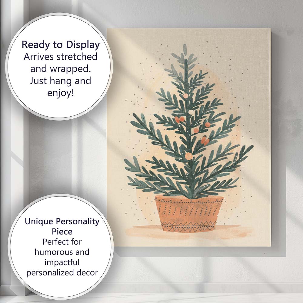 Scandinavian Style Potted Evergreen Plant Minimal Botanical Illustration Canvas Wall Art Print Decor Picture Ready to Hang
