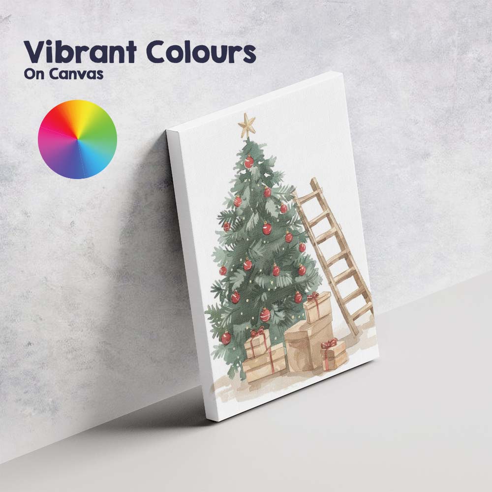 Watercolour Decorated Christmas Tree Gifts And Ladder Festive Illustration Canvas Wall Art Print Decor Picture Ready to Hang