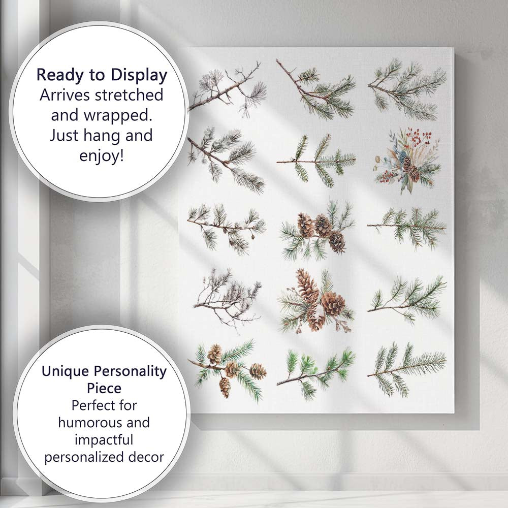 Winter Evergreen Pine Branch Collection Botanical Illustration Canvas Wall Art Print Decor Picture Ready to Hang
