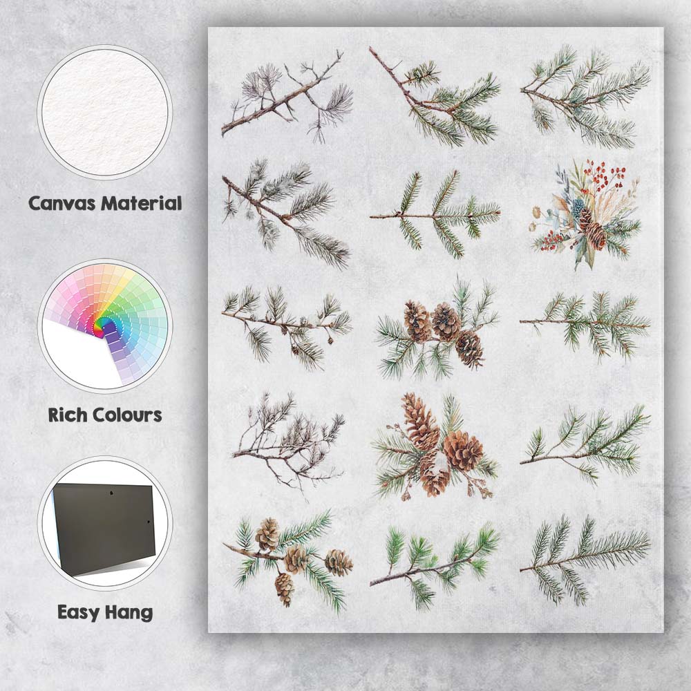 Winter Evergreen Pine Branch Collection Botanical Illustration Canvas Wall Art Print Decor Picture Ready to Hang