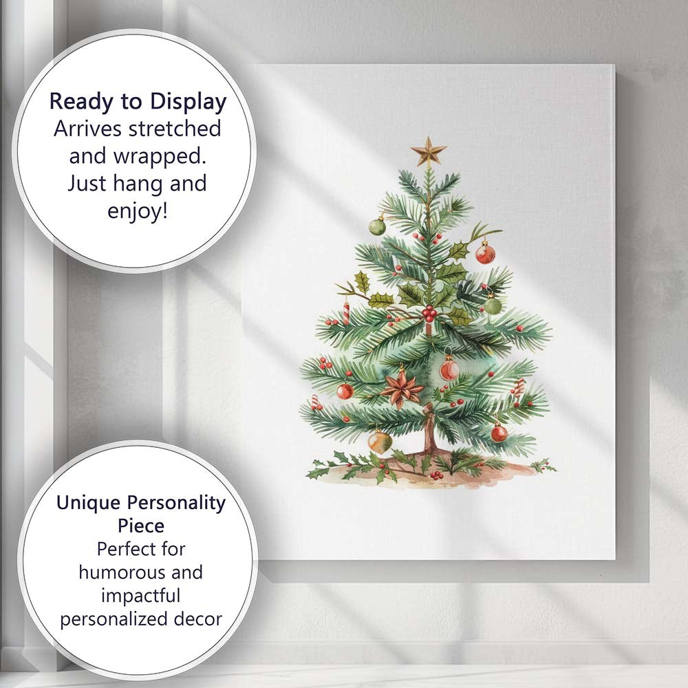 Festive Christmas Tree Watercolour Illustration With Holly Berries And Ornaments Canvas Wall Art Print Decor Picture Ready to Hang