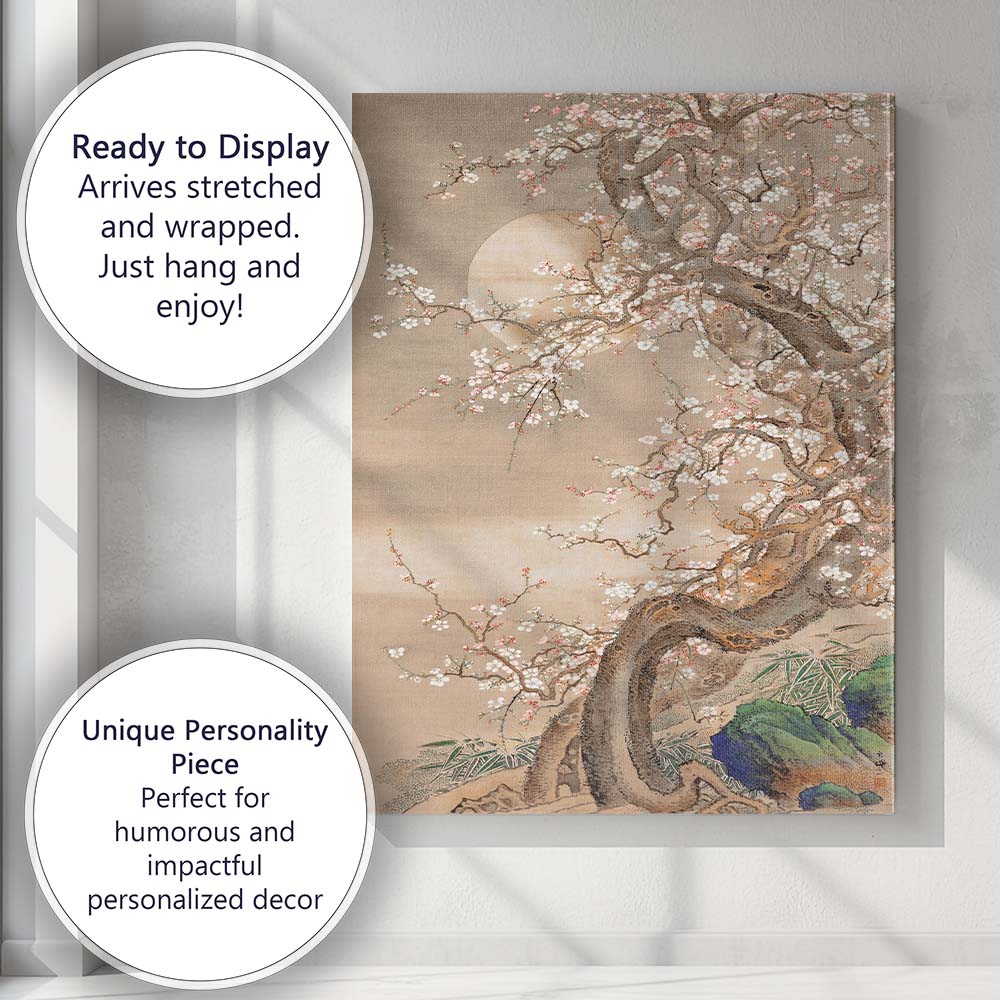 Japanese Plum Blossom Tree Under Full Moon Traditional Art Canvas Wall Art Print Decor Picture Ready to Hang