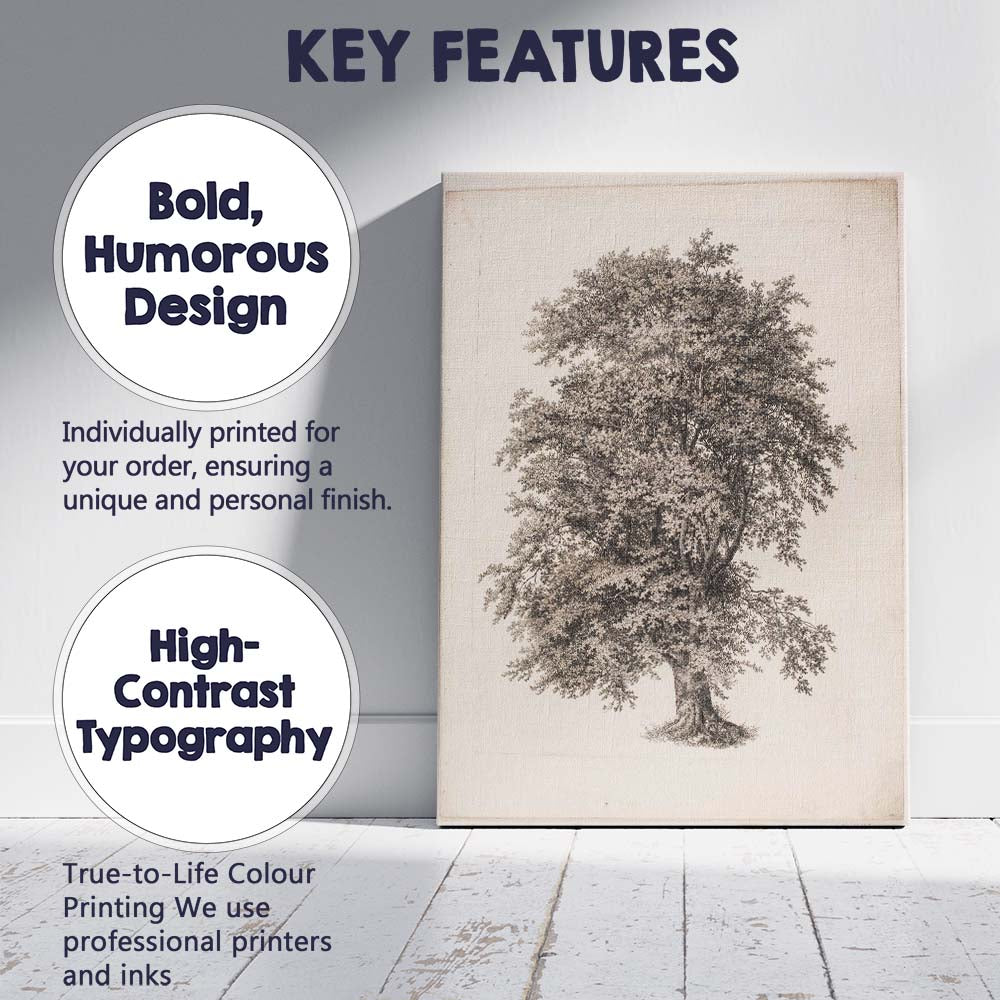 Antique Oak Tree Engraving Botanical Woodland Illustration Canvas Wall Art Print Decor Picture Ready to Hang